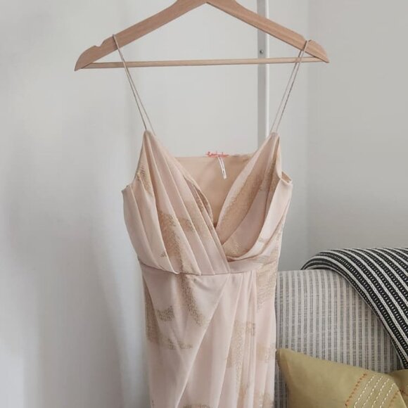 Free People Silk Wrap Slip Dress Small Gold Metallic Champagne Midi - Picture 2 of 7